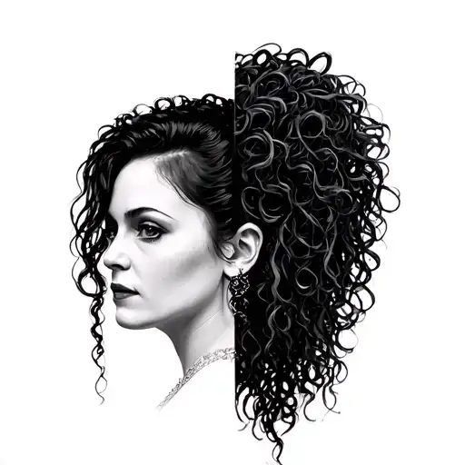 Helena Bonham Carter profile with her face as Bellatrix lestrange from Harry potter and half as marla from the movie fig tattoo design idea