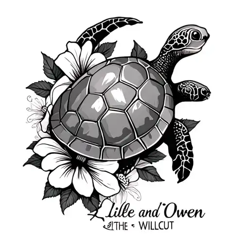 "Lillee and Owen Willcut" turtle with lilies,roses and hibiscus flower surrounded tattoo design idea