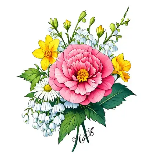 Carnation And Aster and primrose and daffodil and rose and Lilly of the valley tattoo design idea