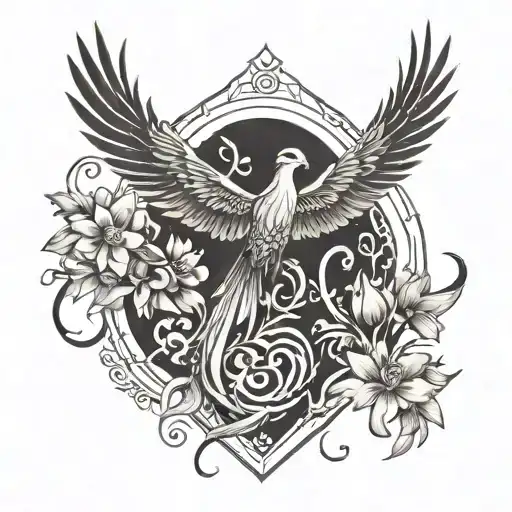 simple peaceful flying Phoenix with flowers back tattoo tattoo design idea