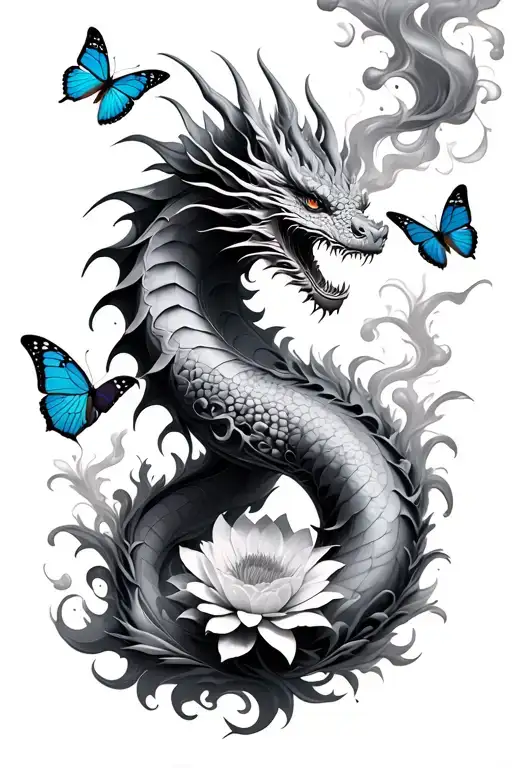 dragon smoke fire flowers butterflies surrounding tattoo design idea