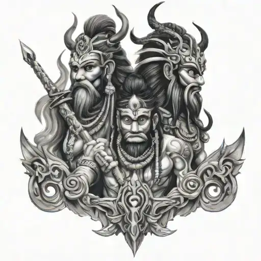 Shiva's trident and Kali's trident and Hanuman's mace and Murga Vel tattoo design idea