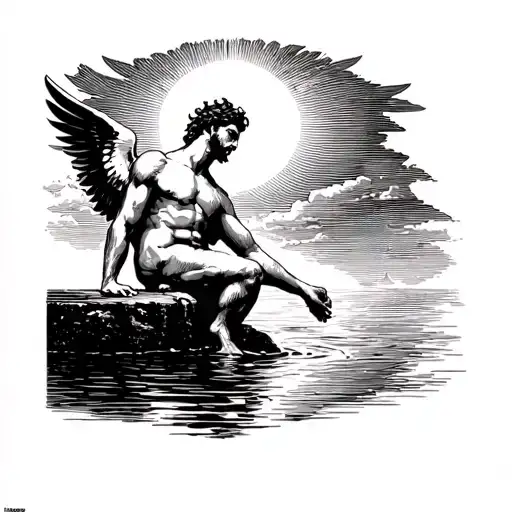Icarus sitting on a ledge looking at the sun with his foot in the water  tattoo design idea