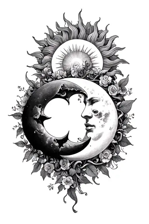 sun and moon merging together, vine wrapping tattoo design idea