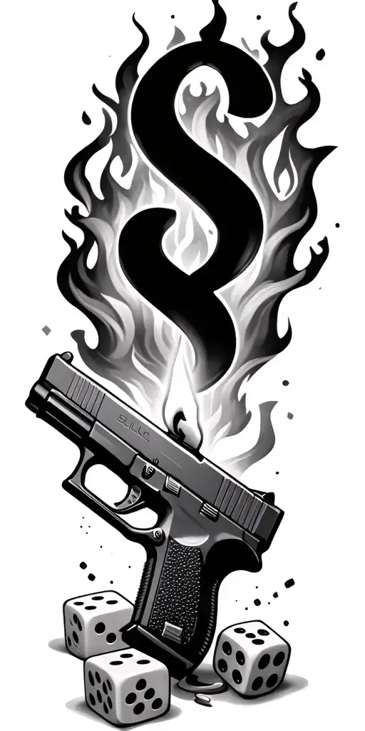 Candle, dollar sign, glock pistol, fire, dices, 'B4L' text gangster font, dice in fire, smoke tattoo design idea
