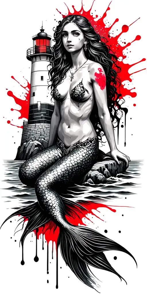  mermaid sitting on a rock and and lighthouse over looking the ocean tattoo design idea