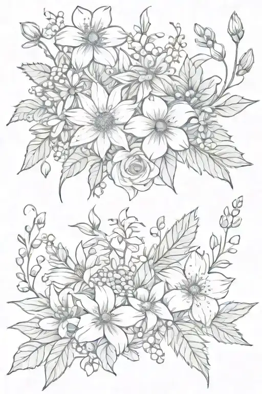 bundle of flowers intertwined that include a daisy, a lily of the valley, a rose, a cosmos, and a holly berry tattoo design idea