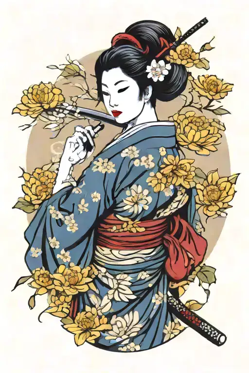 geisha holding a katana, omamori amulet background filler chrysanthemum floral flowing tattoo design idea