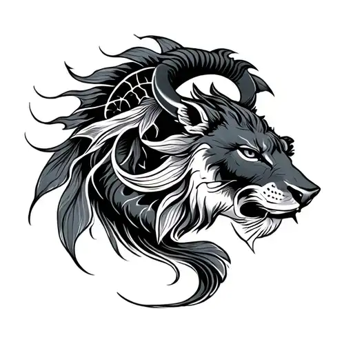 Taurus zodiac symbol , coy fish, budha , lion with thunder background for arms tattoo design idea