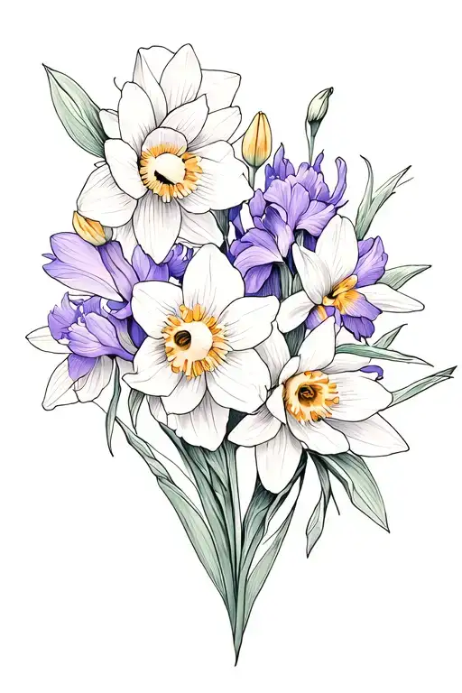 Light and airy sleeve tattoo with narcissus flower, primrose, violet and iris, aster, water lilly, lilly of the valley tattoo design idea