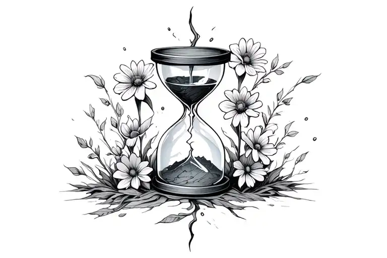 broken hourglass with flowers growing out of it in all directions tattoo design idea
