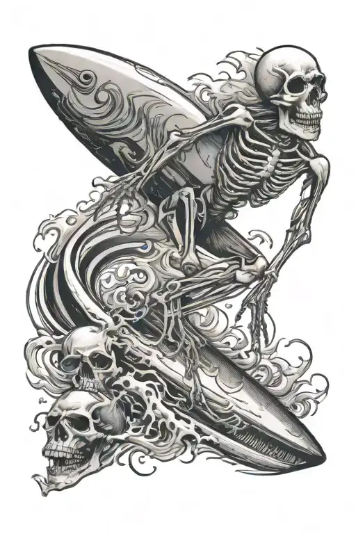 surfing skeleton being pulled by a shark  tattoo design idea