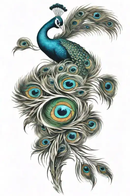 peacock with feathers extended upright with an eyeball in each one of the tip of the feathers tattoo design idea