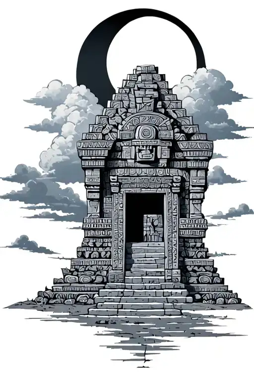 aztec temple with clouds and moon tattoo design idea