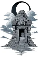 aztec temple with clouds and moon tattoo design idea