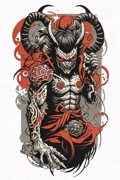 anime character full body wearing a oni mask fighting off inner demons with minimal black areas and no background filler tattoo design idea