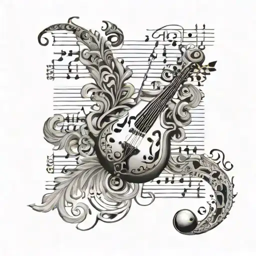 music sheet with arabe ornement and baroque tattoo design idea