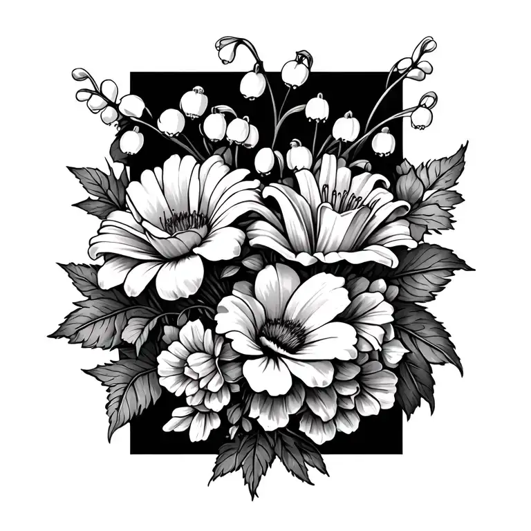 Daisy, Lily of the valley, Roses, and Marigold flowers in one boquet tattoo design idea