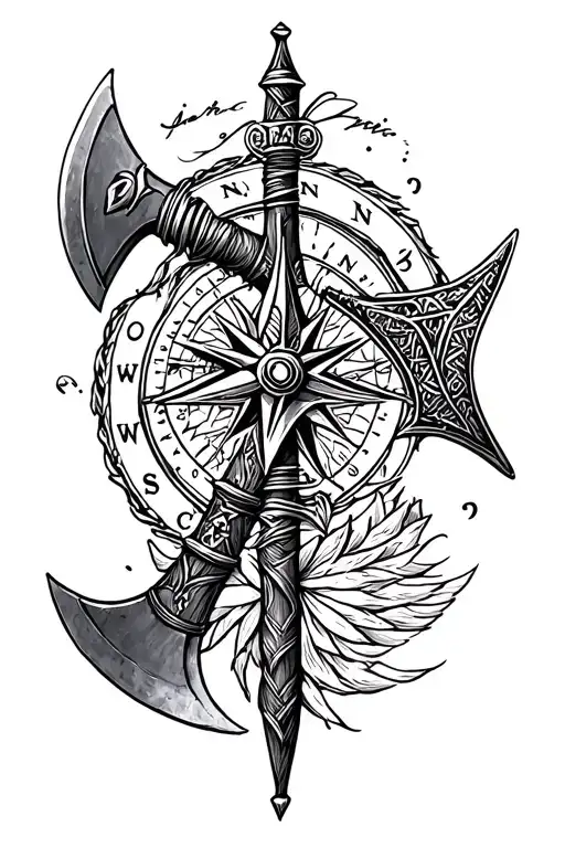 Nordic sleave tattoo with a viking axe and a Nordic compass in a hand drawn style tattoo design idea