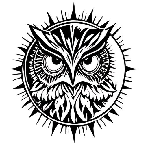 minimalist half owl head and sun and moon ray tattoo design idea