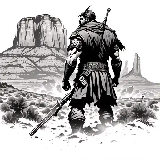 300 style warrior looking out in the distance of explosions near Cathedral Rock in Sedona, AZ tattoo design idea
