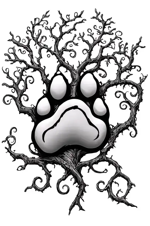 dog paw with 2 curly willow trees tattoo design idea