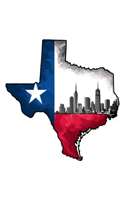 shape of the state of Texas with the Texas flag colors inside and the Dallas skyline  tattoo design idea