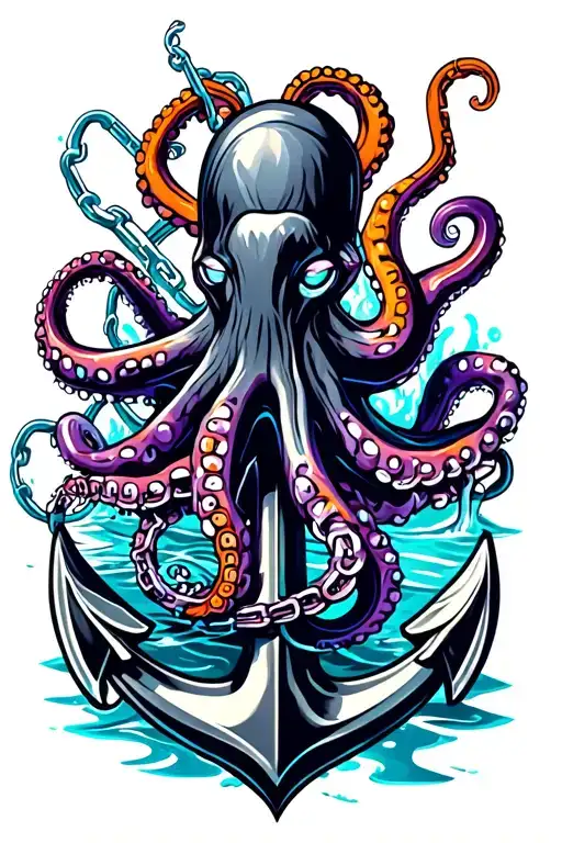 black, blue, purple and orange octopus wrapped around anchor in water with broken chain tattoo design idea