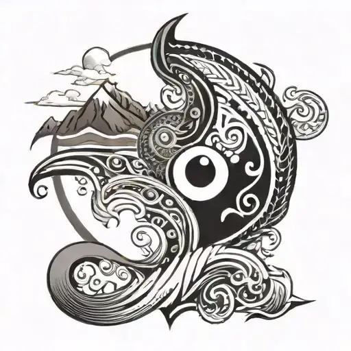 polynesian yin yang with wave, arrowhead, mountain, heart tattoo design idea
