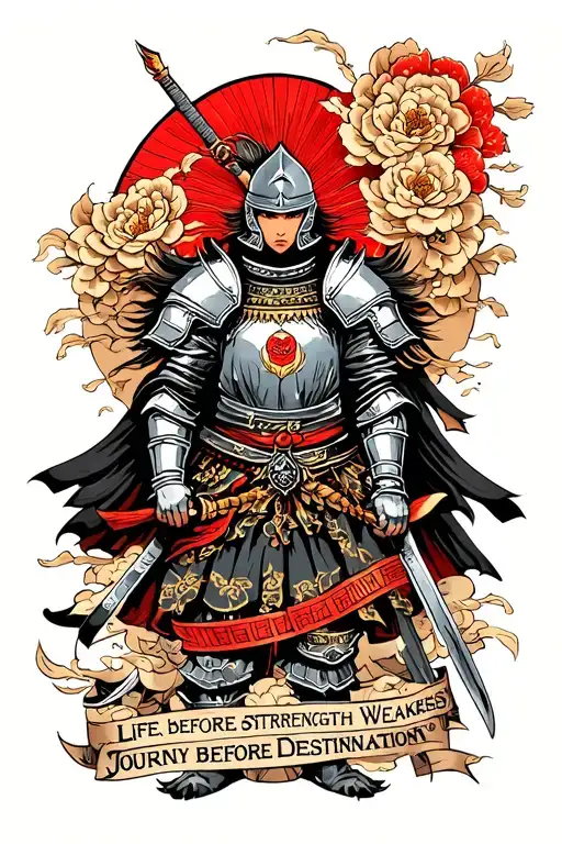 Knight of Honor with quote "Life before death, Strength before Weakness, Journey before Destination" tattoo design idea