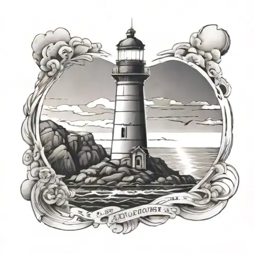 A tattoo design of a lighthouse symbolizing guidance and protection, with the beam of light shaped like a heart shining on your family members tattoo design idea