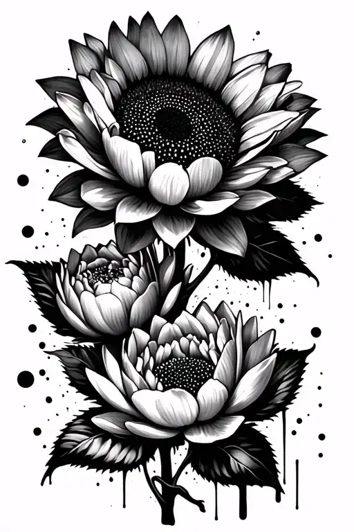 sunflowers, lotus, and peonies growing tattoo design idea