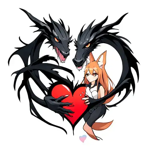 tattoo of a black dragon wrapped around a broken heart held by an anime fox girl tattoo design idea