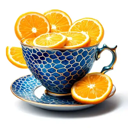 honeycomb behind teacup with orange slices integrated tattoo design idea