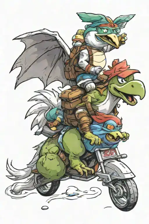 moogle riding a chocobo, link, ninja turtles eating pizza , cartman, video games, popcorn tattoo design idea