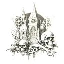 graveyard, skull and bones, small cathedral and an lipid tattoo design idea