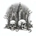 graveyard, skull and bones, small cathedral and an lipid tattoo design idea