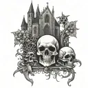 graveyard, skull and bones, small cathedral and an lipid tattoo design idea