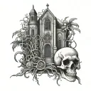 graveyard, skull and bones, small cathedral and an lipid tattoo design idea