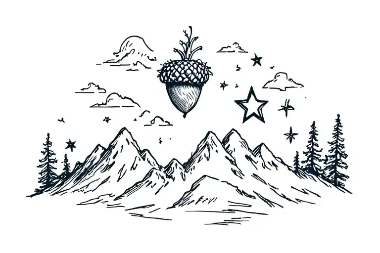 Acorn, star, and mountain range silhouette tattoo design idea