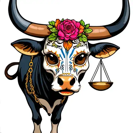 feminine bull with sugar skull markings, brown eyes and two Libra scales and dark background tattoo design idea