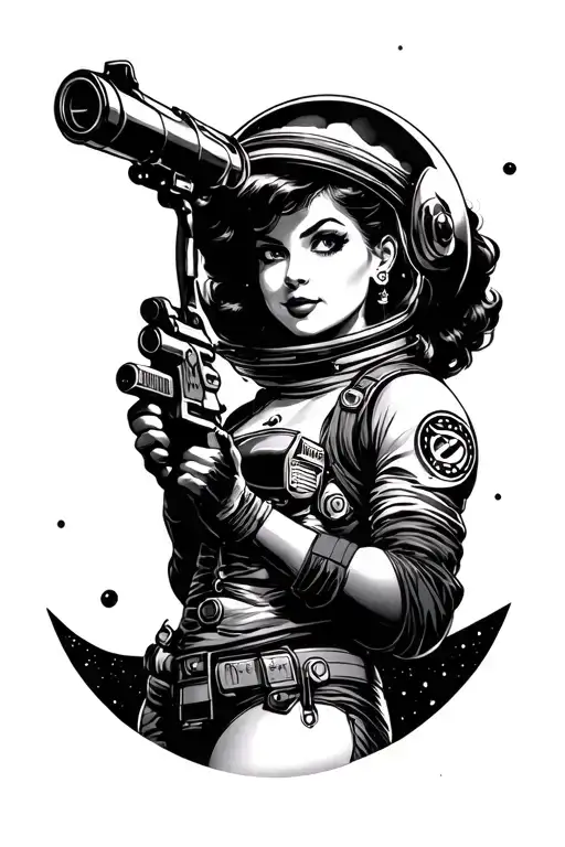pinup space girl holding ray gun on the moon tattoo design idea