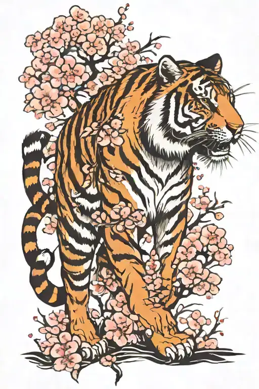 a tiger walking  with a tiger walking around it with cherry blossoms  tattoo design idea