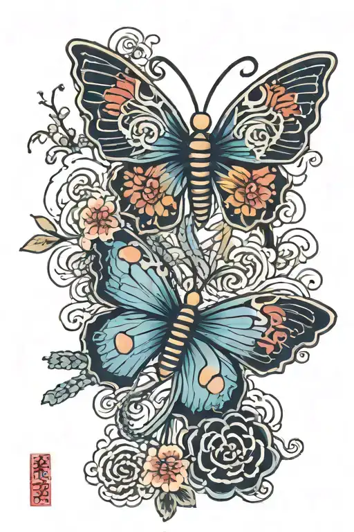 butterfly, japanese style, phoenix tattoo design idea