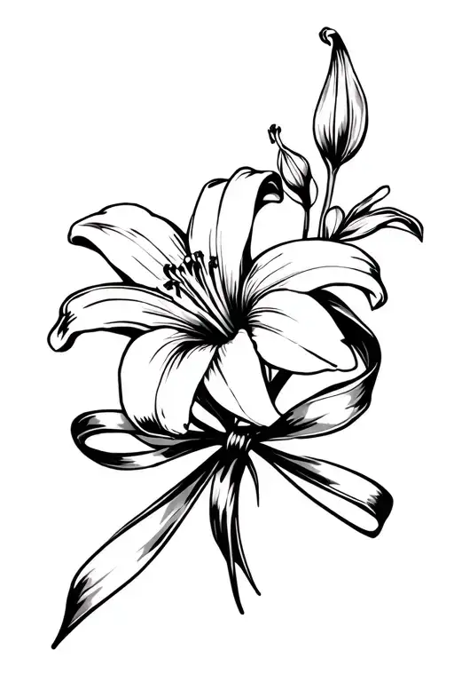 stargazer lily flower and ribbon tied together with a ribbon tattoo design idea