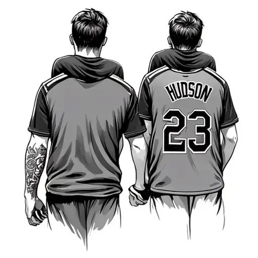 dad with son on shoulders. tattoo will be of their back walking away. son will be wearing a jersey saying Hudson with#23 tattoo design idea