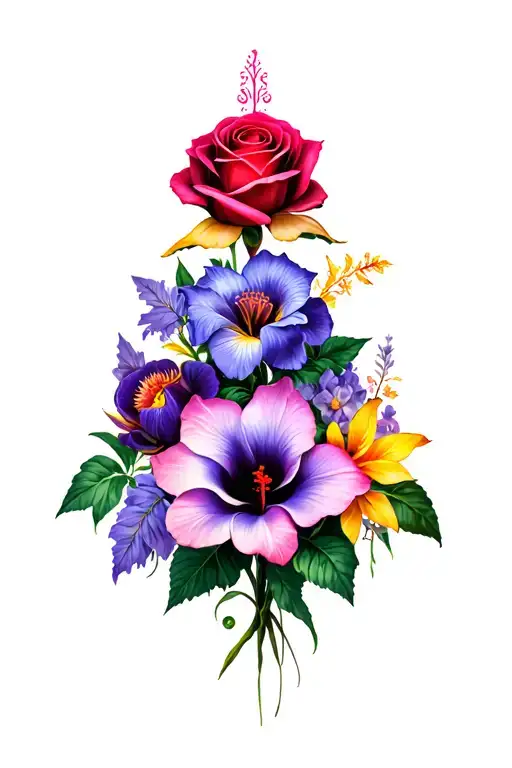 warrior 'iris, rose, and hibiscus' on top, with 'petunia, lotus, and violet on the bottom."  tattoo design idea
