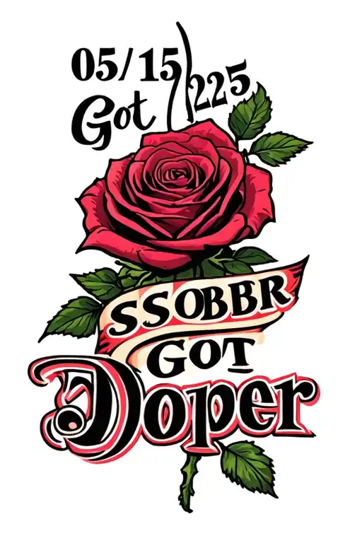 "05/15/25 Got Sober Got Doper" rose from concrete tattoo design idea