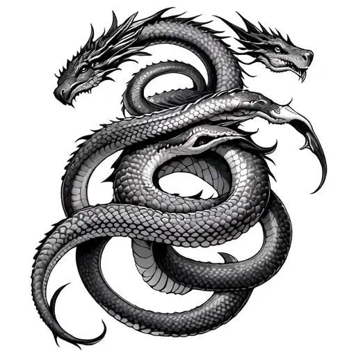 A very precise black and gray tattoos for the left hand, from arm to fingers. In design, snakes and dragons are intertwined to tattoo design idea