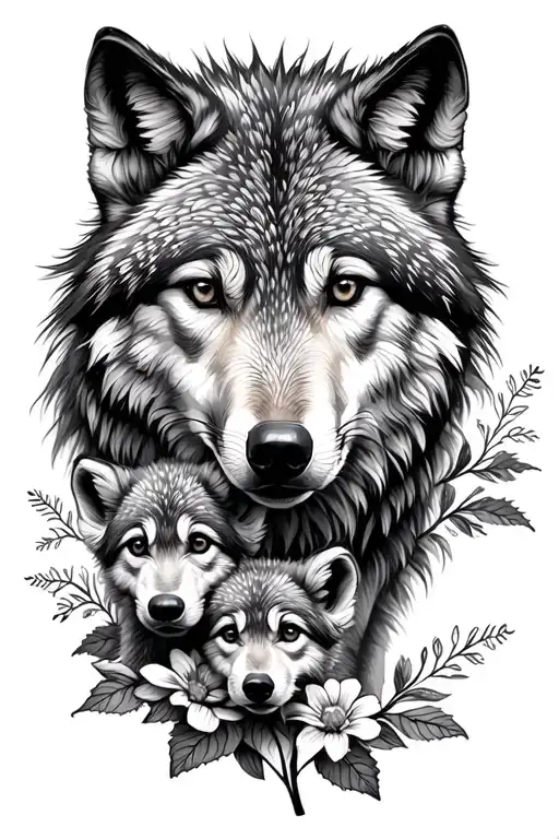 wolf with its 3 cubs and flowers tattoo design idea